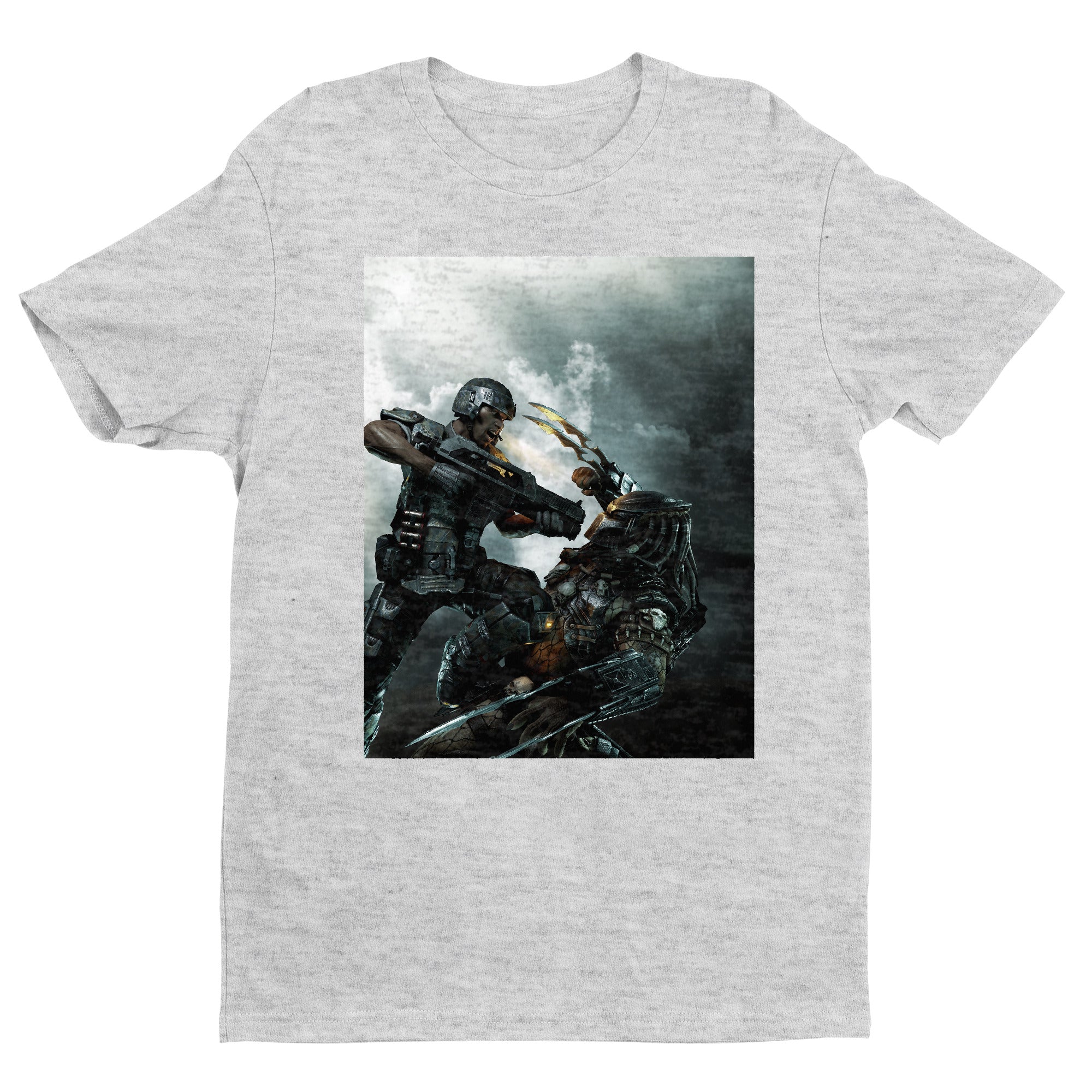 Aliens vs. Predator marketing art by Mike Man tee — gray unisex t-shirt, front view